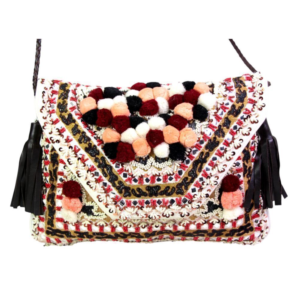ibBan MULTICOLOR BEADED WHITE COTTON TASSELS X-BODY ENVELOP SHOULDER BAG PURSE